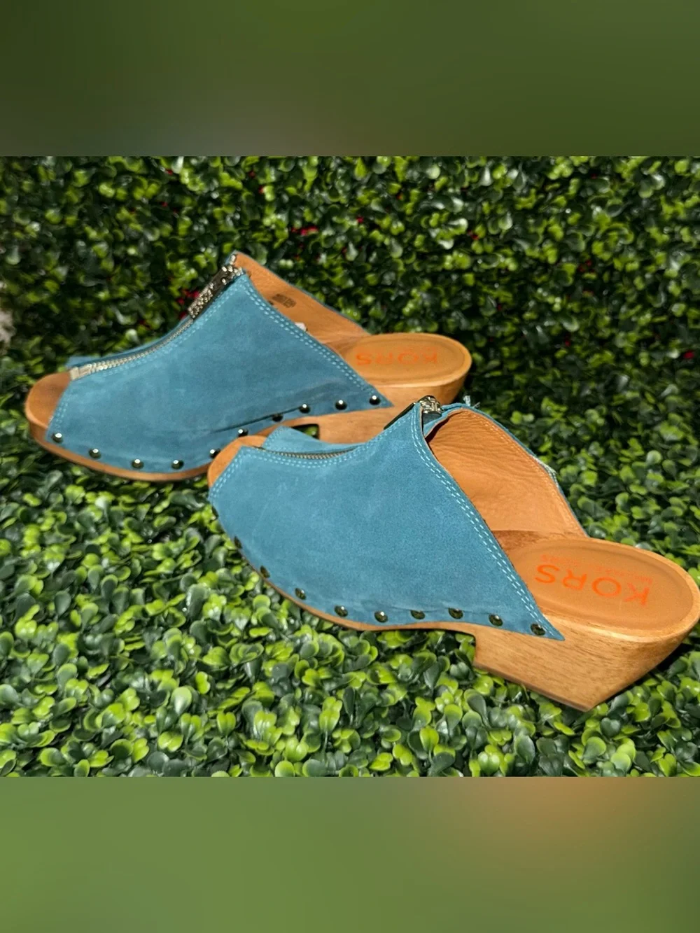Michael Kors Teal Suede Open-Toe Zip Wedge Mule Clogs - Picture 4 of 7